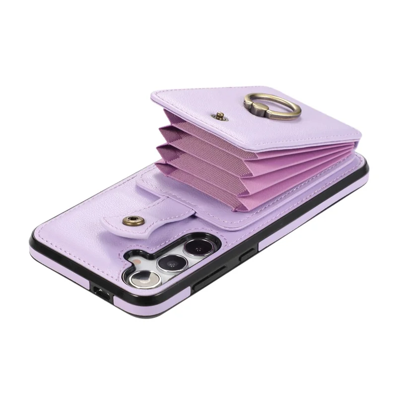 For Samsung Galaxy S24 FE Case Card Holder Ring Kickstand TPU + PU Leather Phone Cover with Long Strap - Purple