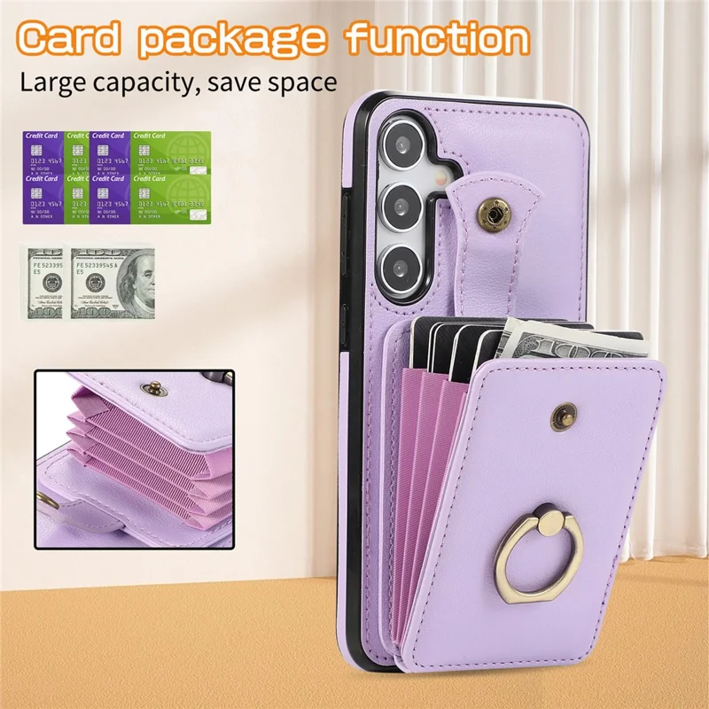 For Samsung Galaxy S24 FE Case Card Holder Ring Kickstand TPU + PU Leather Phone Cover with Long Strap - Purple