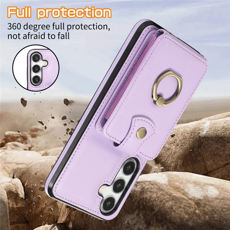 For Samsung Galaxy S24 FE Case Card Holder Ring Kickstand TPU + PU Leather Phone Cover with Long Strap - Purple