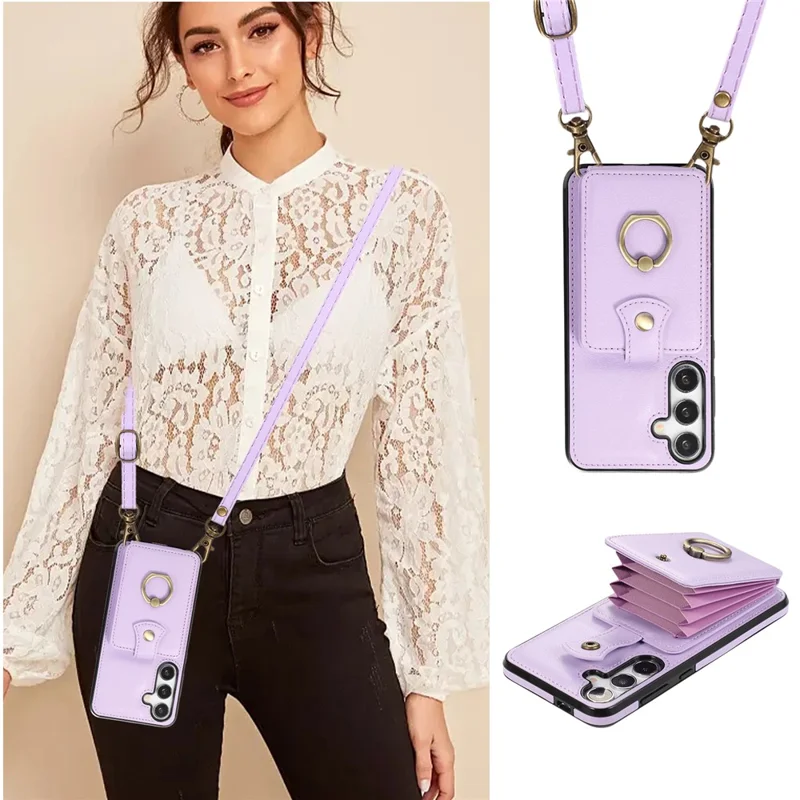 For Samsung Galaxy S24 FE Case Card Holder Ring Kickstand TPU + PU Leather Phone Cover with Long Strap - Purple