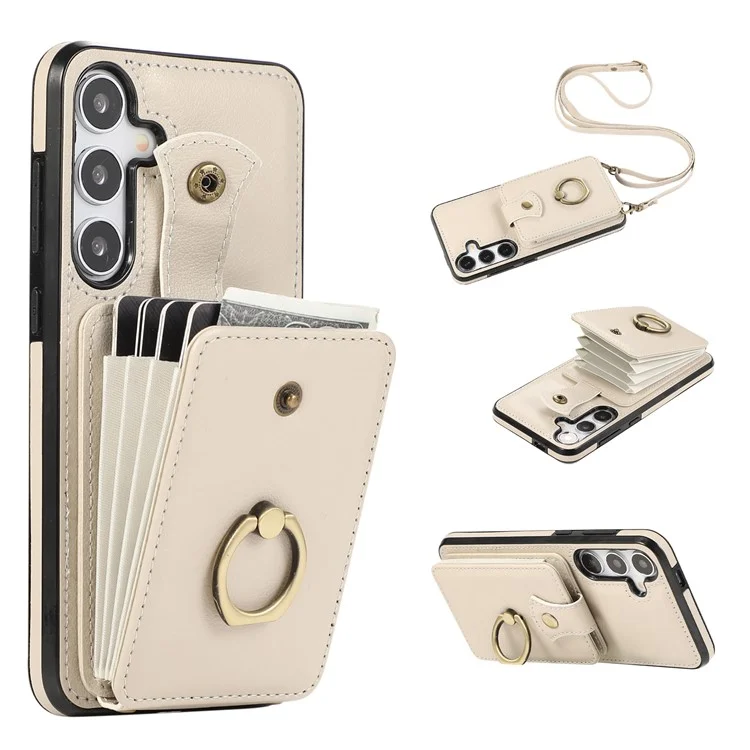 For Samsung Galaxy A16 4G / 5G Case Card Holder Ring Kickstand TPU + PU Leather Phone Cover with Long Strap - Beige