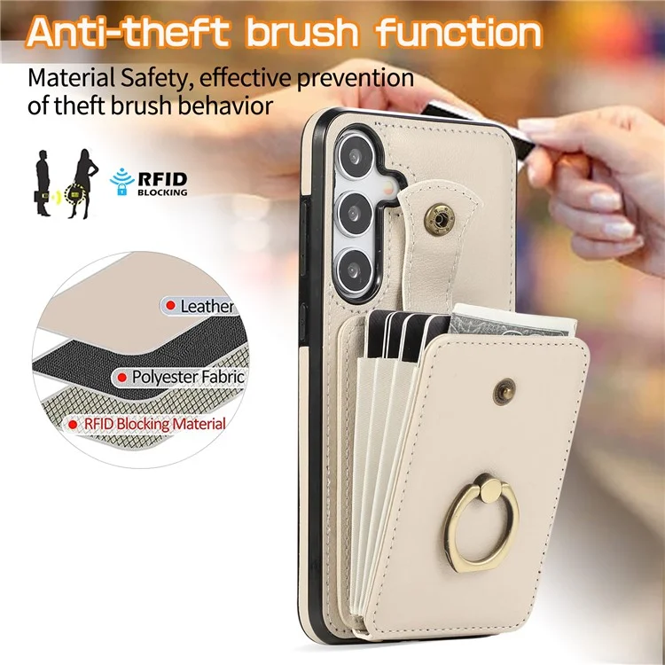 For Samsung Galaxy A16 4G / 5G Case Card Holder Ring Kickstand TPU + PU Leather Phone Cover with Long Strap - Beige