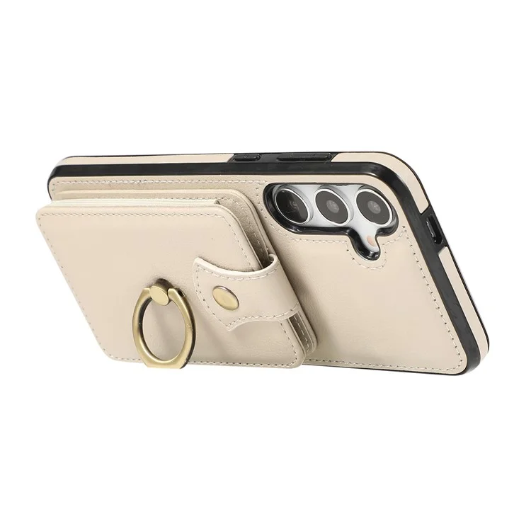 For Samsung Galaxy A16 4G / 5G Case Card Holder Ring Kickstand TPU + PU Leather Phone Cover with Long Strap - Beige