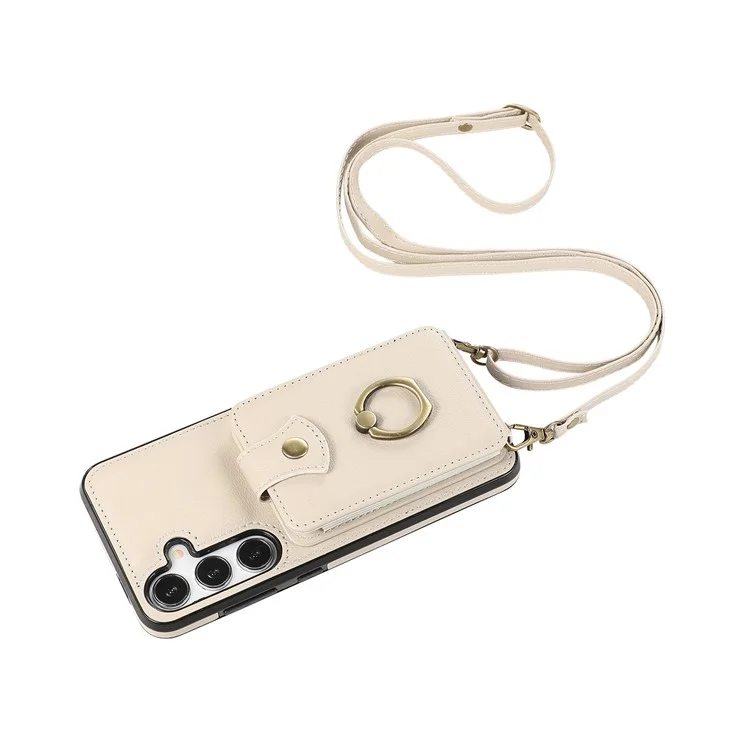 For Samsung Galaxy A16 4G / 5G Case Card Holder Ring Kickstand TPU + PU Leather Phone Cover with Long Strap - Beige