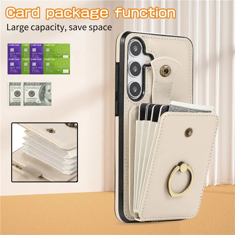 For Samsung Galaxy A16 4G / 5G Case Card Holder Ring Kickstand TPU + PU Leather Phone Cover with Long Strap - Beige