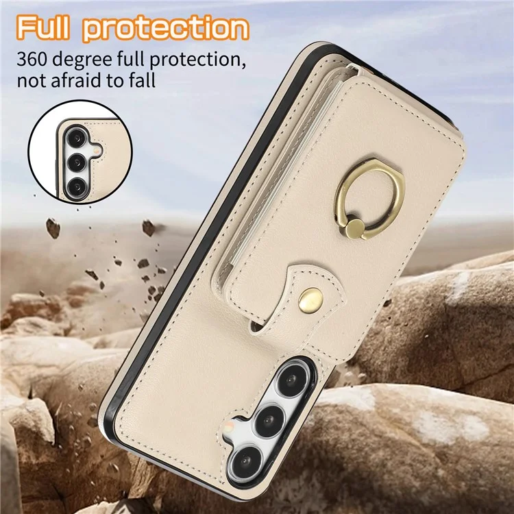 For Samsung Galaxy A16 4G / 5G Case Card Holder Ring Kickstand TPU + PU Leather Phone Cover with Long Strap - Beige