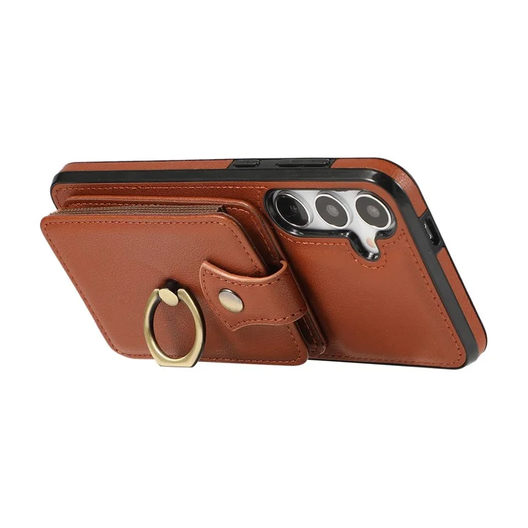 For Samsung Galaxy A26 5G Case Card Holder Ring Kickstand TPU + PU Leather Phone Cover with Long Strap - Brown
