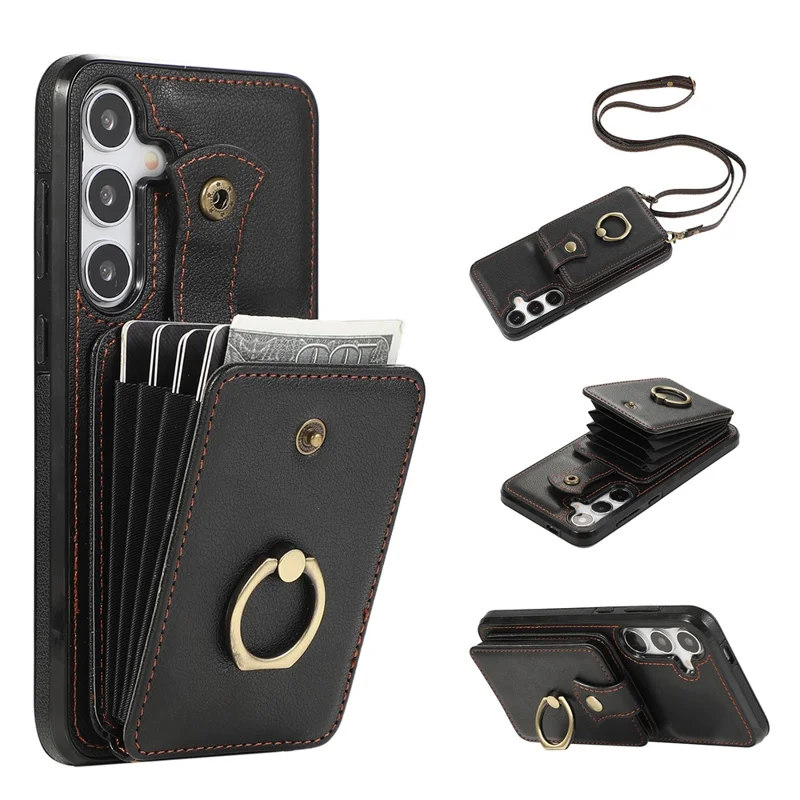 For Samsung Galaxy A26 5G Case Card Holder Ring Kickstand TPU + PU Leather Phone Cover with Long Strap - Black