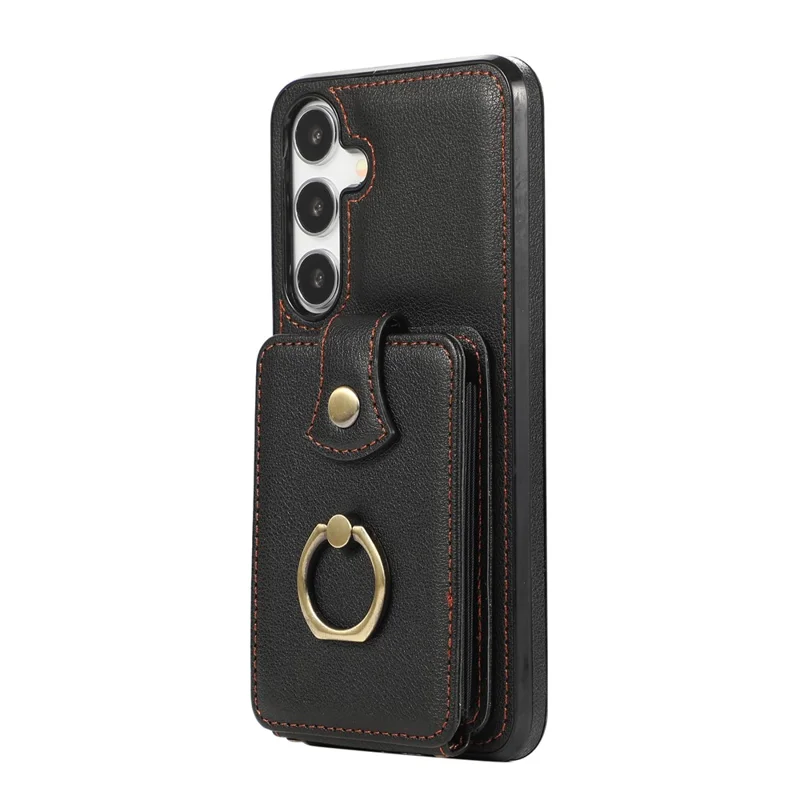 For Samsung Galaxy A26 5G Case Card Holder Ring Kickstand TPU + PU Leather Phone Cover with Long Strap - Black