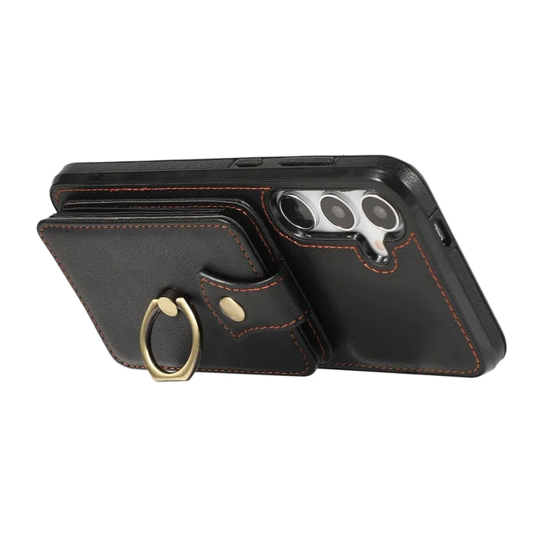 For Samsung Galaxy A26 5G Case Card Holder Ring Kickstand TPU + PU Leather Phone Cover with Long Strap - Black