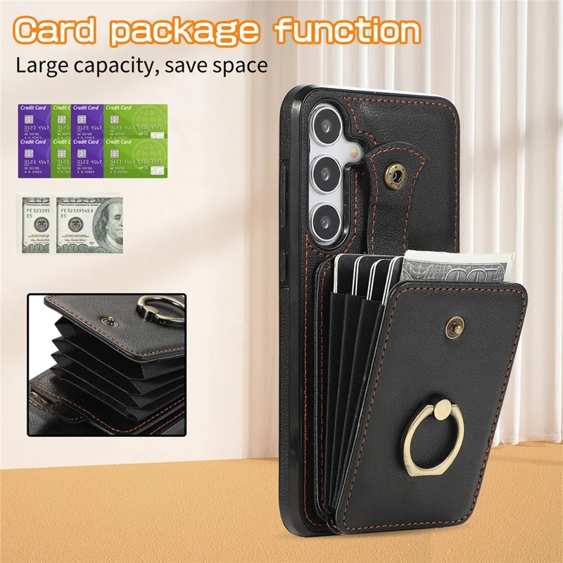 For Samsung Galaxy A26 5G Case Card Holder Ring Kickstand TPU + PU Leather Phone Cover with Long Strap - Black