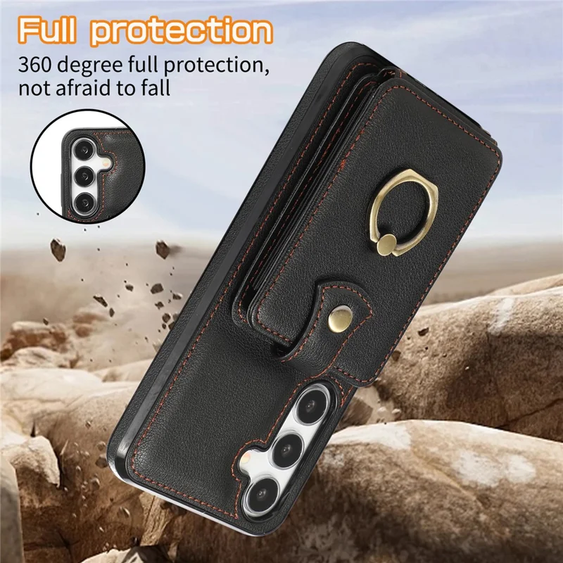 For Samsung Galaxy A26 5G Case Card Holder Ring Kickstand TPU + PU Leather Phone Cover with Long Strap - Black