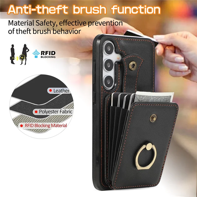 For Samsung Galaxy A26 5G Case Card Holder Ring Kickstand TPU + PU Leather Phone Cover with Long Strap - Black
