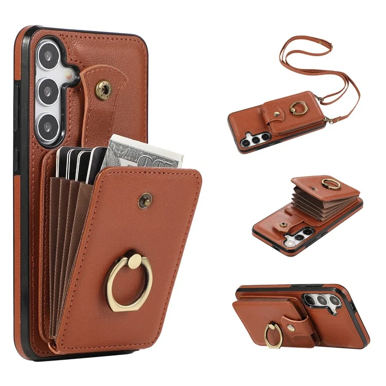 For Samsung Galaxy A36 5G Case Card Holder Ring Kickstand TPU + PU Leather Phone Cover with Long Strap - Brown