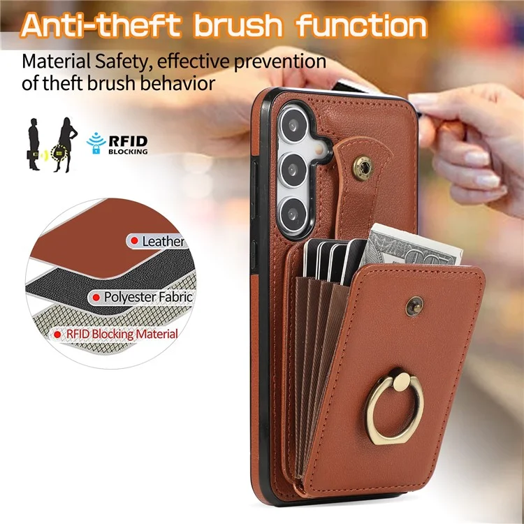 For Samsung Galaxy A36 5G Case Card Holder Ring Kickstand TPU + PU Leather Phone Cover with Long Strap - Brown