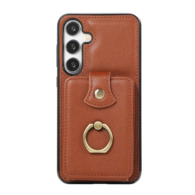 For Samsung Galaxy A36 5G Case Card Holder Ring Kickstand TPU + PU Leather Phone Cover with Long Strap - Brown