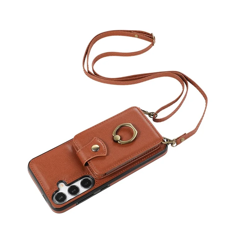 For Samsung Galaxy A36 5G Case Card Holder Ring Kickstand TPU + PU Leather Phone Cover with Long Strap - Brown