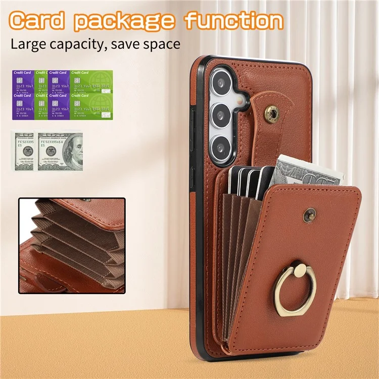 For Samsung Galaxy A36 5G Case Card Holder Ring Kickstand TPU + PU Leather Phone Cover with Long Strap - Brown