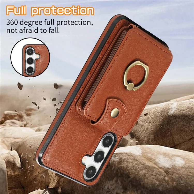 For Samsung Galaxy A36 5G Case Card Holder Ring Kickstand TPU + PU Leather Phone Cover with Long Strap - Brown
