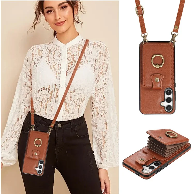 For Samsung Galaxy A36 5G Case Card Holder Ring Kickstand TPU + PU Leather Phone Cover with Long Strap - Brown