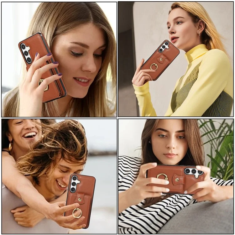 For Samsung Galaxy A36 5G Case Card Holder Ring Kickstand TPU + PU Leather Phone Cover with Long Strap - Brown