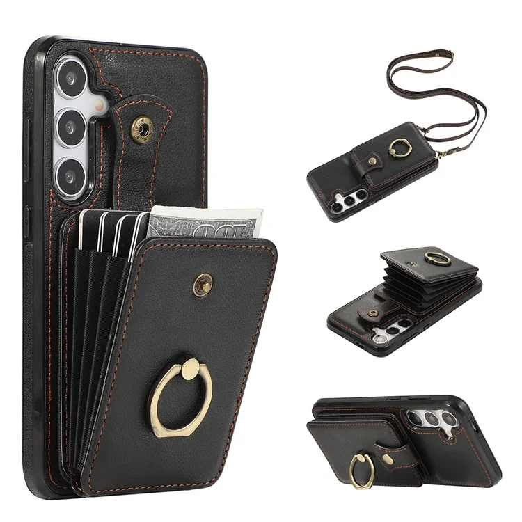 For Samsung Galaxy A36 5G Case Card Holder Ring Kickstand TPU + PU Leather Phone Cover with Long Strap - Black