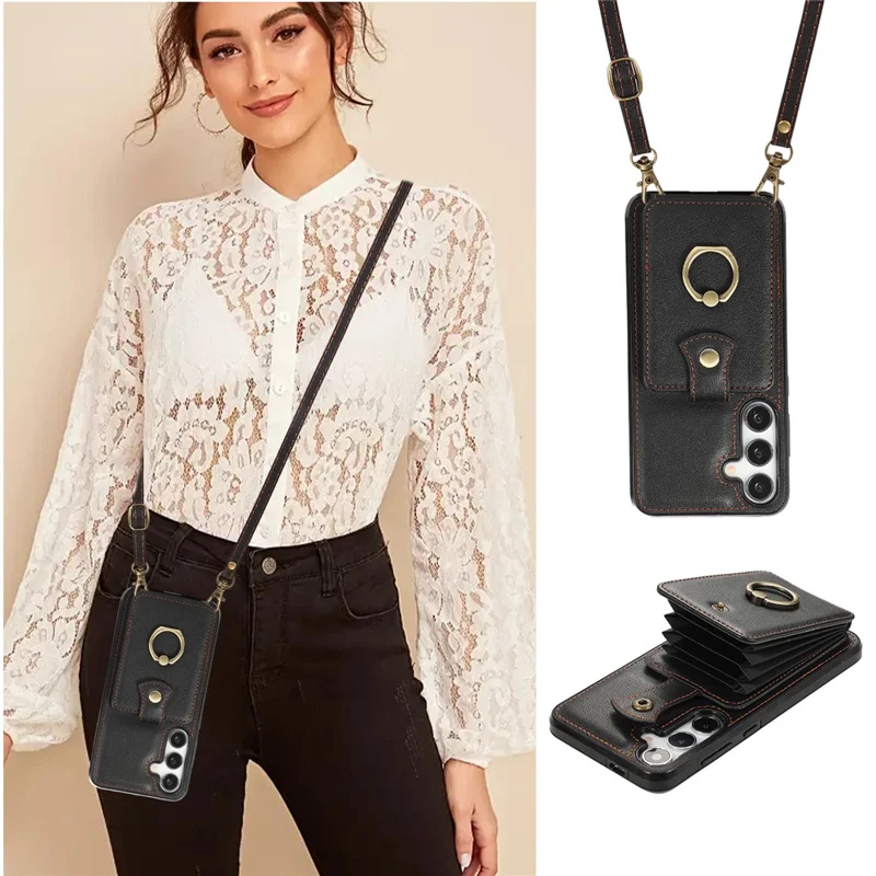 For Samsung Galaxy A36 5G Case Card Holder Ring Kickstand TPU + PU Leather Phone Cover with Long Strap - Black
