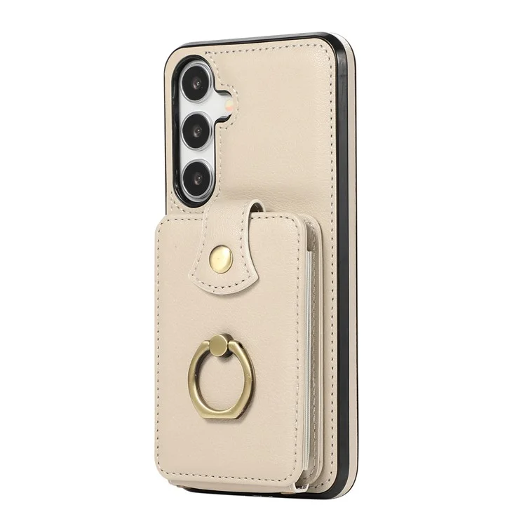 For Samsung Galaxy A56 5G Case Card Holder Ring Kickstand TPU + PU Leather Phone Cover with Long Strap - Beige