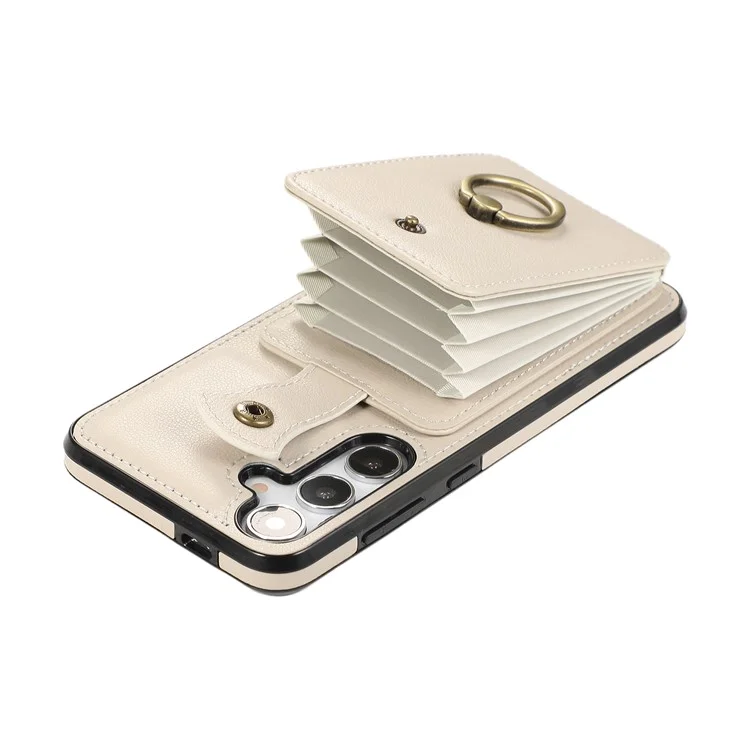 For Samsung Galaxy A56 5G Case Card Holder Ring Kickstand TPU + PU Leather Phone Cover with Long Strap - Beige
