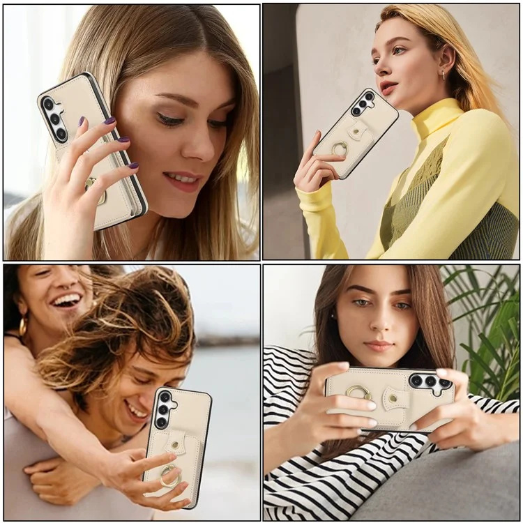 For Samsung Galaxy A56 5G Case Card Holder Ring Kickstand TPU + PU Leather Phone Cover with Long Strap - Beige