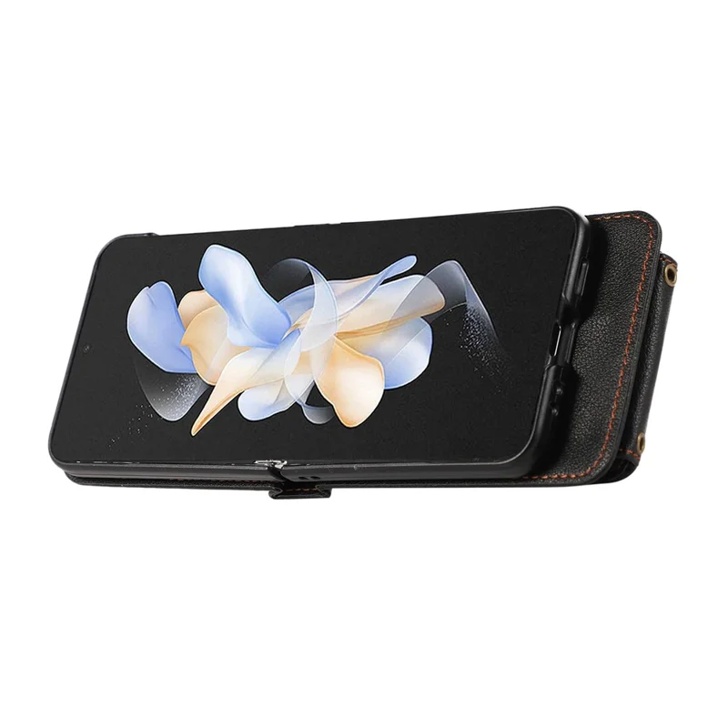 For Samsung Galaxy Z Flip5 5G Case Card Holder Ring Kickstand TPU + PU Leather Phone Cover with Long Strap - Black