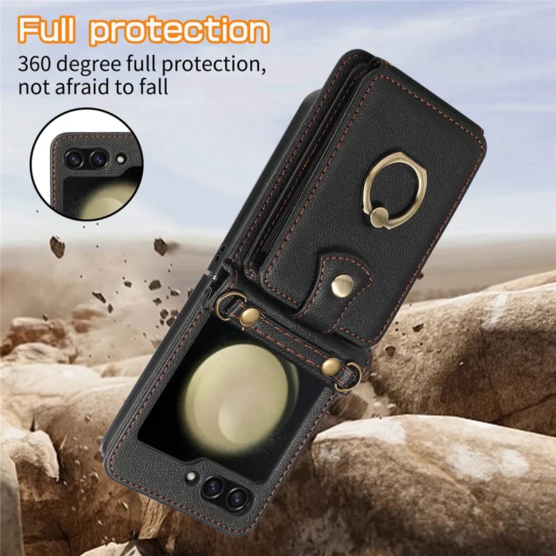 For Samsung Galaxy Z Flip5 5G Case Card Holder Ring Kickstand TPU + PU Leather Phone Cover with Long Strap - Black