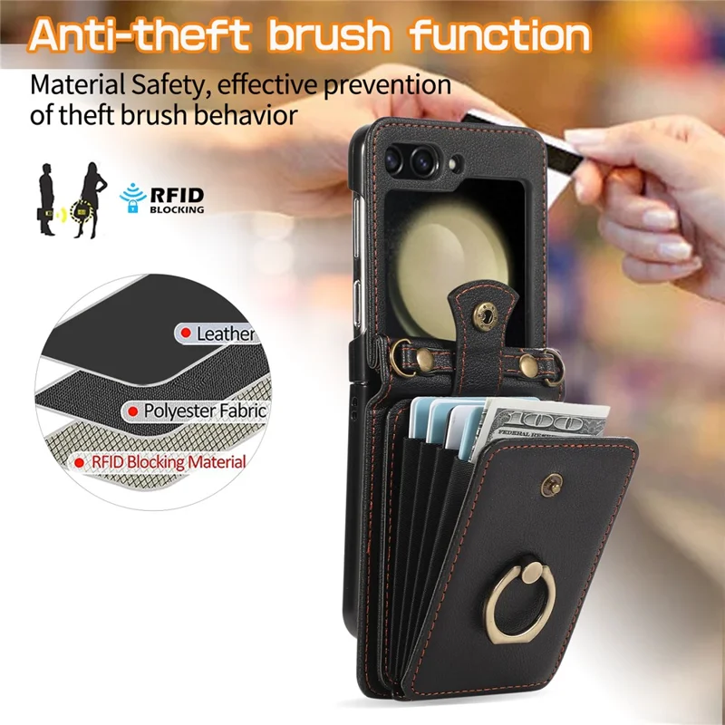 For Samsung Galaxy Z Flip5 5G Case Card Holder Ring Kickstand TPU + PU Leather Phone Cover with Long Strap - Black