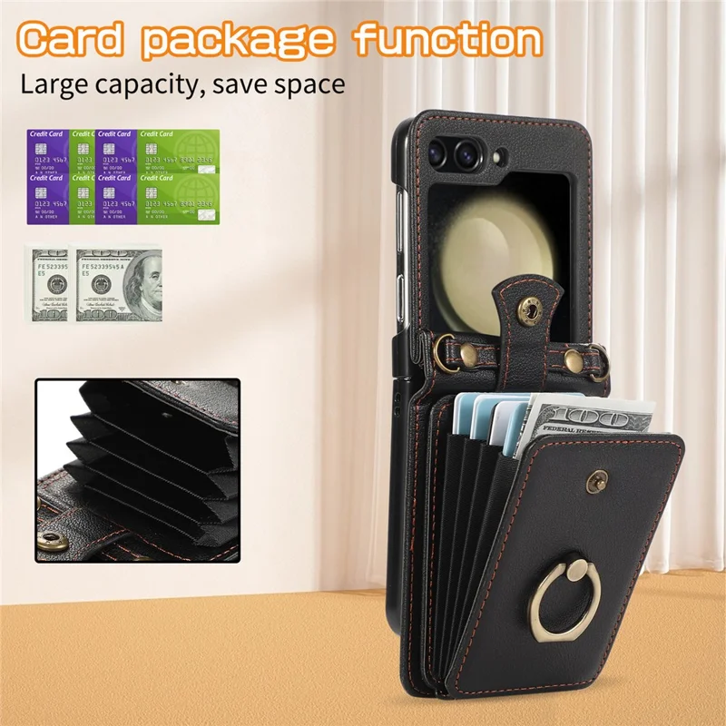 For Samsung Galaxy Z Flip5 5G Case Card Holder Ring Kickstand TPU + PU Leather Phone Cover with Long Strap - Black