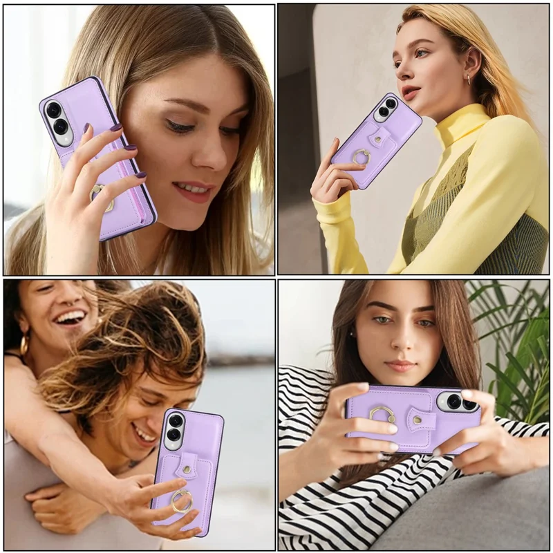 Capa para Samsung Galaxy S25 Edge com Suporte para Cartão, Anel de Apoio e Alça Longa - TPU + Couro Sintético, Cor Roxa