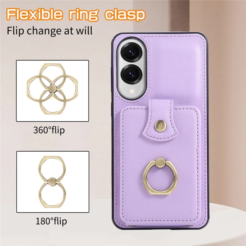 Capa para Samsung Galaxy S25 Edge com Suporte para Cartão, Anel de Apoio e Alça Longa - TPU + Couro Sintético, Cor Roxa