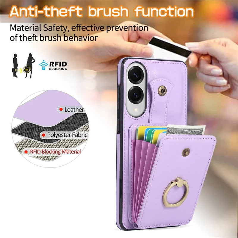 Capa para Samsung Galaxy S25 Edge com Suporte para Cartão, Anel de Apoio e Alça Longa - TPU + Couro Sintético, Cor Roxa