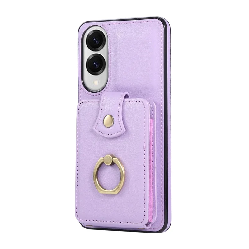 Capa para Samsung Galaxy S25 Edge com Suporte para Cartão, Anel de Apoio e Alça Longa - TPU + Couro Sintético, Cor Roxa