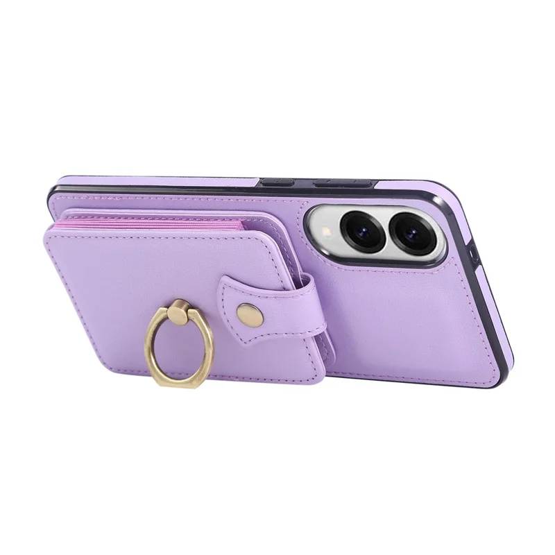 Capa para Samsung Galaxy S25 Edge com Suporte para Cartão, Anel de Apoio e Alça Longa - TPU + Couro Sintético, Cor Roxa