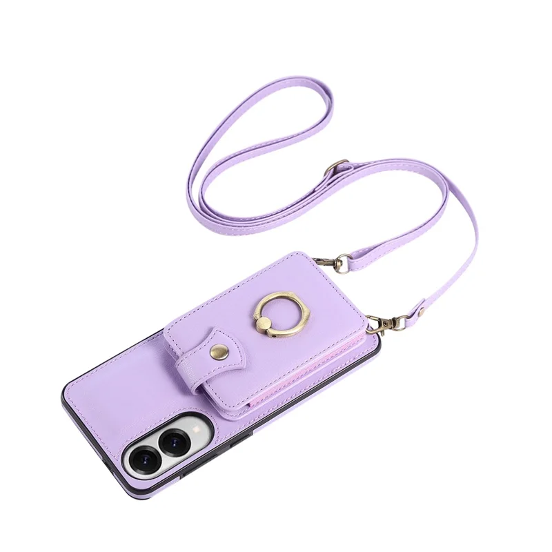 Capa para Samsung Galaxy S25 Edge com Suporte para Cartão, Anel de Apoio e Alça Longa - TPU + Couro Sintético, Cor Roxa
