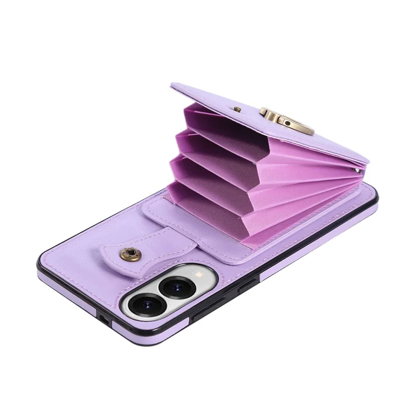 Capa para Samsung Galaxy S25 Edge com Suporte para Cartão, Anel de Apoio e Alça Longa - TPU + Couro Sintético, Cor Roxa