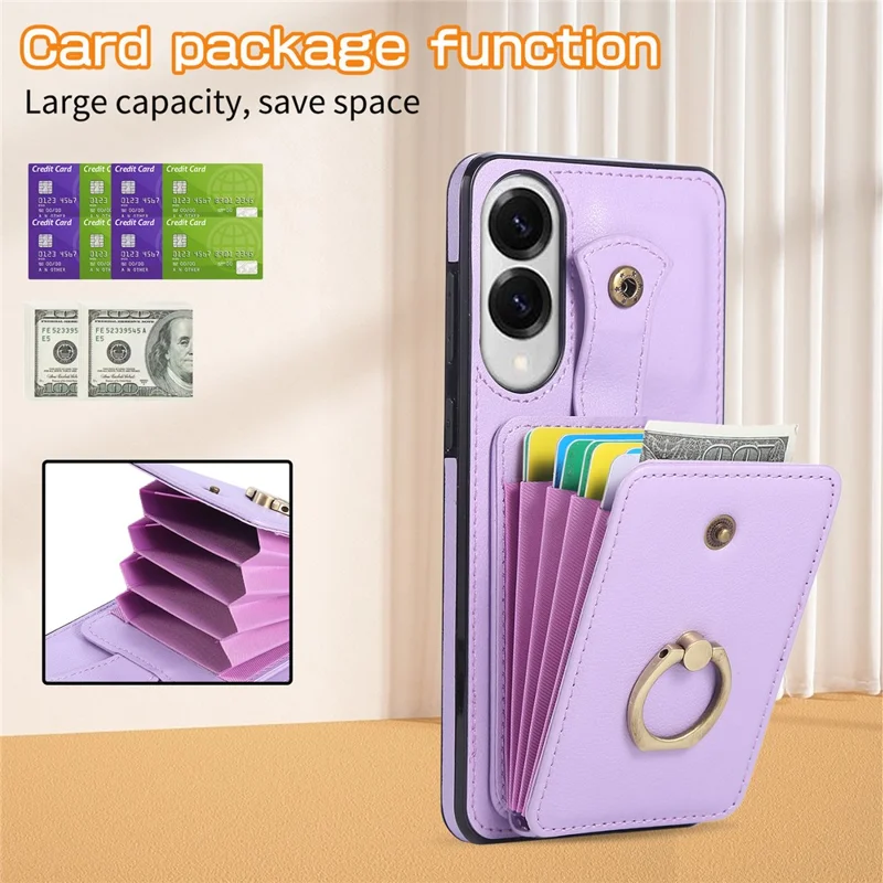 Capa para Samsung Galaxy S25 Edge com Suporte para Cartão, Anel de Apoio e Alça Longa - TPU + Couro Sintético, Cor Roxa
