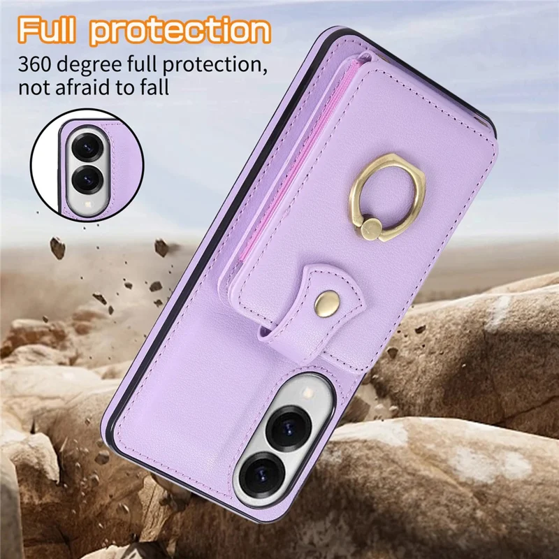 Capa para Samsung Galaxy S25 Edge com Suporte para Cartão, Anel de Apoio e Alça Longa - TPU + Couro Sintético, Cor Roxa