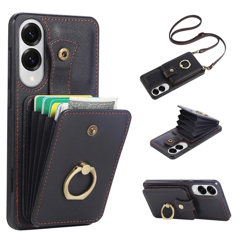 For Samsung Galaxy S25 Edge Case Card Holder Ring Kickstand TPU + PU Leather Phone Cover with Long Strap - Black