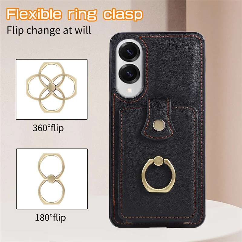For Samsung Galaxy S25 Edge Case Card Holder Ring Kickstand TPU + PU Leather Phone Cover with Long Strap - Black