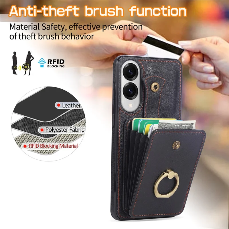 For Samsung Galaxy S25 Edge Case Card Holder Ring Kickstand TPU + PU Leather Phone Cover with Long Strap - Black