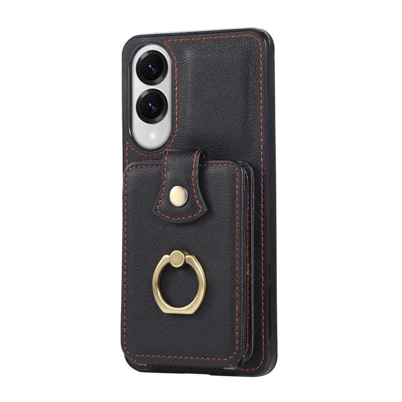 For Samsung Galaxy S25 Edge Case Card Holder Ring Kickstand TPU + PU Leather Phone Cover with Long Strap - Black