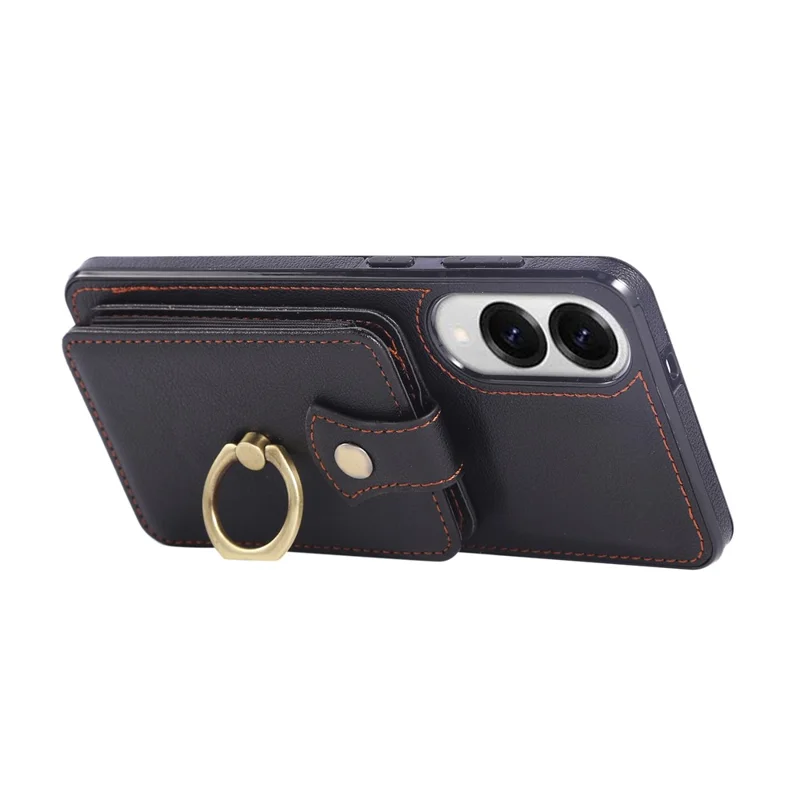 For Samsung Galaxy S25 Edge Case Card Holder Ring Kickstand TPU + PU Leather Phone Cover with Long Strap - Black