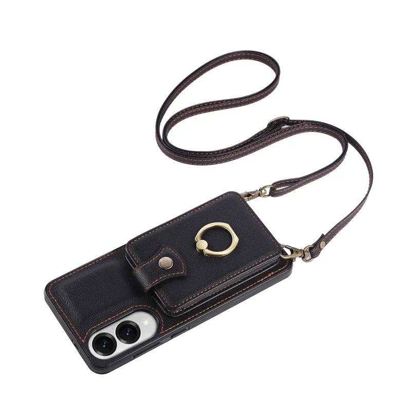 For Samsung Galaxy S25 Edge Case Card Holder Ring Kickstand TPU + PU Leather Phone Cover with Long Strap - Black