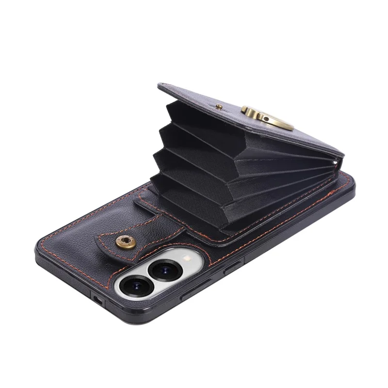 For Samsung Galaxy S25 Edge Case Card Holder Ring Kickstand TPU + PU Leather Phone Cover with Long Strap - Black